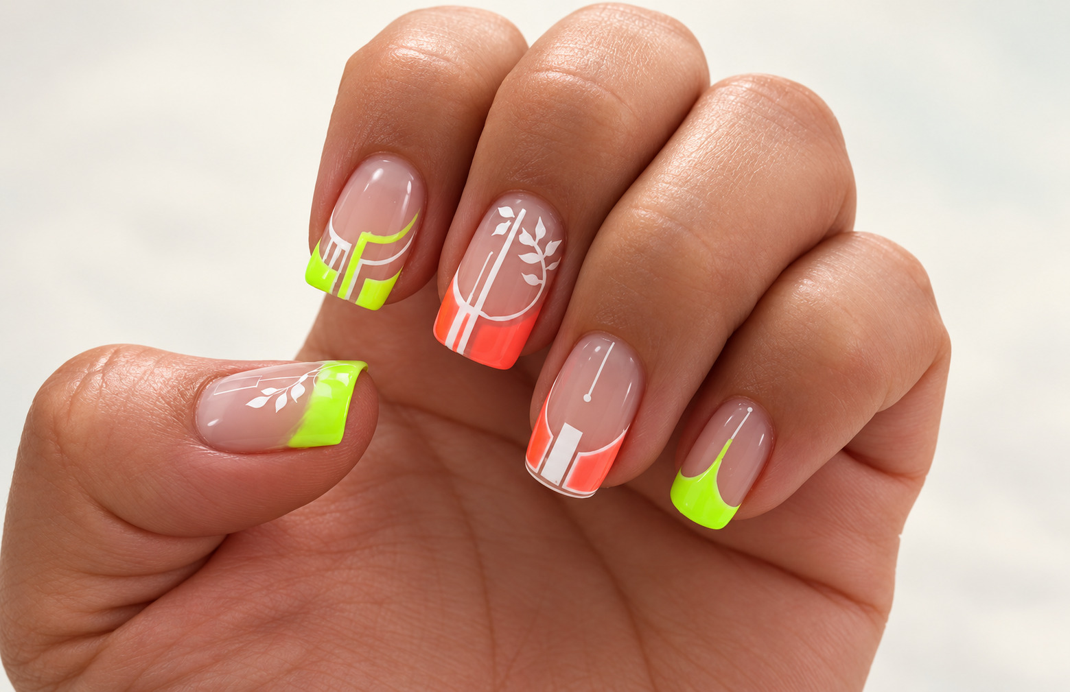Lime and orange square French tips with white geometric and botanical lines