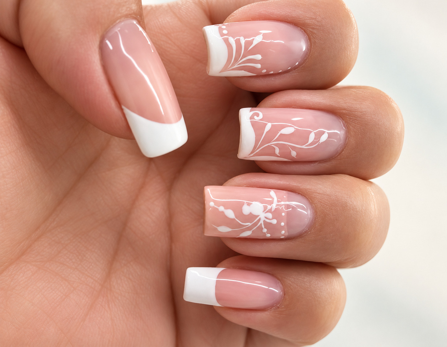 Sheer pink square nails with white French tips and fine white floral art